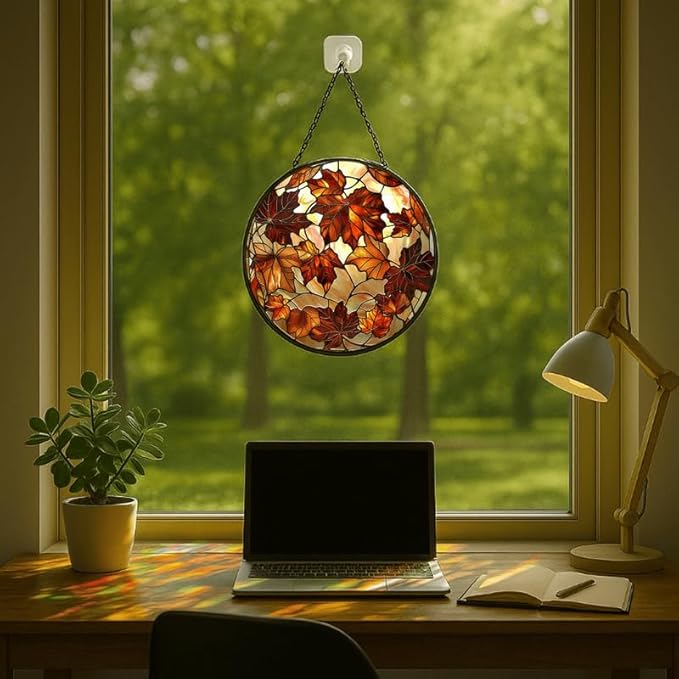 Round Colorful Maple Leaves Stained Glass Window Hanging Panel – Autumn Fall Suncatcher Wall Art for Home Window Decor and Gift