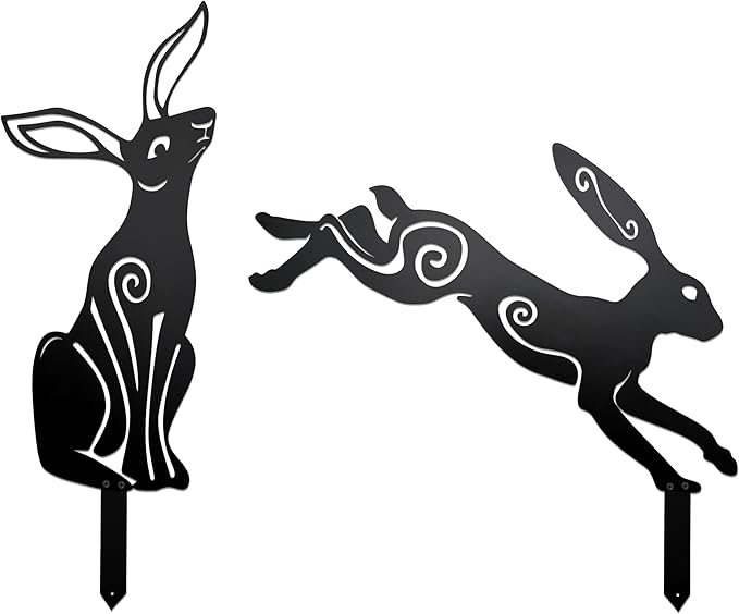 Rustic Metal Bunny Garden Statues – Set of 2 Outdoor Moon Rabbit Decor with Swirling Motifs Bunny Garden Decor Outdoor Sculpture | Metal Easter Yard Art for Patio, Lawn & Easter Gifts