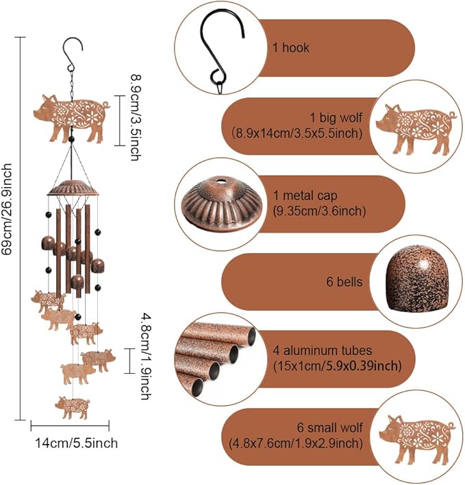 OLYCRAFT Pig Wind Chimes Outdoors Wind Chime Sympathy Memorial Windchime Iron Windchime Memorial Presents Hanging Windbell for Patio Backyard Home Garden Pendant Decoration - 27 Inch