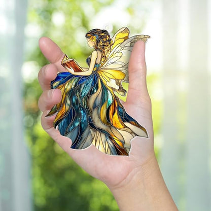 Reading Fairy Book Ornament – Stained Glass Style Acrylic Christmas Ornament, Book Lover Gift for Women, Teacher & Librarian Book Club Decorations, Fantasy Ornament Holiday Décor(Sun-01)