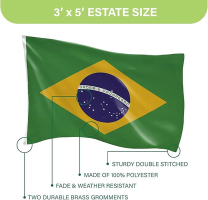Evergreen Brazil Flag 3x5 flag Outdoor Double Sided, Brazilian flags for Outside with Grommets, 3-Ply Banners for Garden Patio, Indoor Flag for Wall Decor, Works with Standard Estate Flag Poles