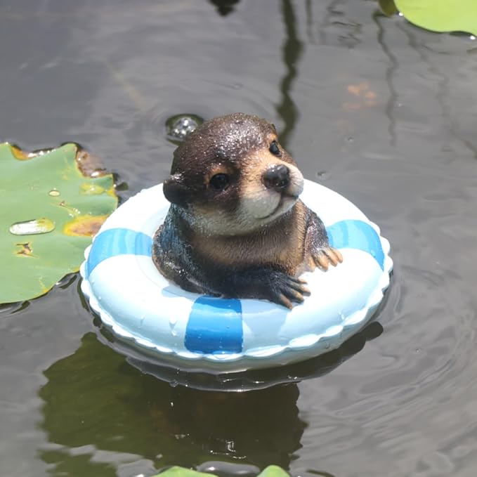 Cute Floating Otter Garden Water Feature Decoration, Resin Sculpture, Equipped with a Life Ring, Outdoor Swimming Pool Decoration, in red and White Color Scheme