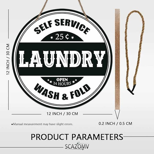 Laundry Round Rustic Wood Sign Plaque Self Service Wash Fold Vintage Wall Wooden Hanging Sign Decor for Home Kitchen Living Room Farmhouse Garden Front Door Entryway Porch Yard 12 Inch