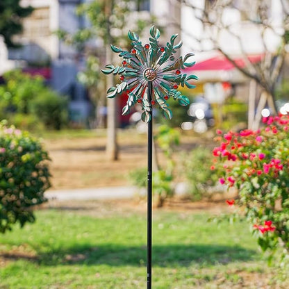 DREAMSOUL 13" Dia Wind Spinners Outdoor with Stake Kinetic Metal Wind Spinner with Red Crystal Accents, Teal Copper Windmill for Yard Garden Decor