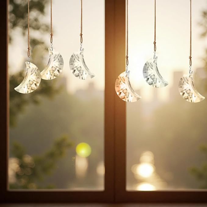 Set of 6 Crystal Glass Hanging Ornaments Clear Faceted Crystal Moon Prisms Ornaments for Window Home Car Wedding Party Decor