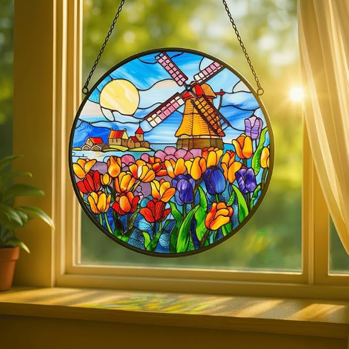Stained Glass Window Hanging - 7.8in Dutch Windmill and Tulip Flower Sun Catchers Indoor Stained Glass Panels Wall Decor for Mom，Wife，Lovers，Festive