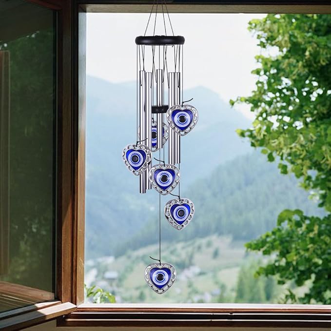 Blue Evil Eye Heart-Shaped Wind Chimes Outdoor Decor, Mobile Evil Eye Windcatcher, Heart Evil Eye Wind Bells, Blue Evil Eye Amulet Wind Chimes for Home, Gift for Mom, Balcony, Patio, Garden Decoration