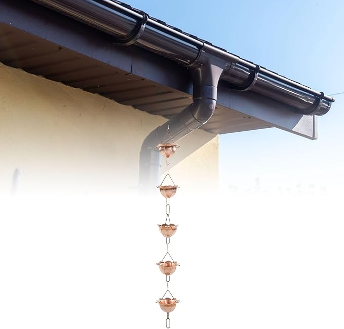 Haofy 1 Meter Copper Rain Chain 5 Petal Cups Design Rainwater Drainage System Decorative Gutter Replacement for Garden Patio Outdoor Decor