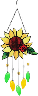 Stained Glass Suncatcher, Sunflower and Ladybug Window Hanging, 20 x 8 inches, Hand-Painted (Style 1)