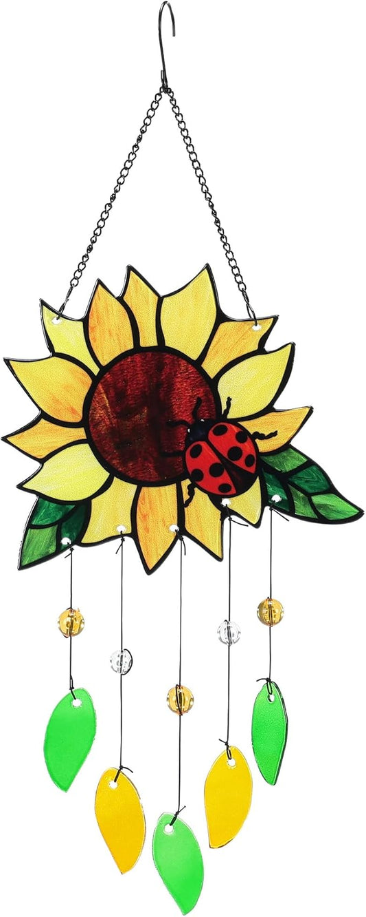 Stained Glass Suncatcher, Sunflower and Ladybug Window Hanging, 20 x 8 inches, Hand-Painted (Style 1)