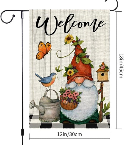 Welcome Spring Summer Garden Flag 12x18 Inch Double Sided Small Burlap Gnome Cardinal Flowers Butterfly Sunflower Buffalo Plaid Garden Flags Home Yard Lawn Holiday Outdoor Decorations