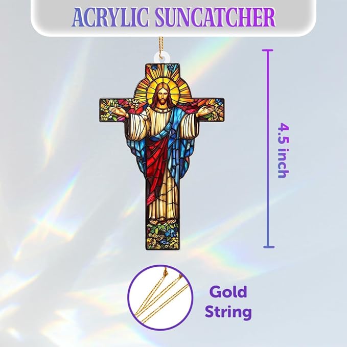 Stained Glass Jesus Cross Car Hanging Ornament – Acrylic Rearview Mirror Charm, Christian Cross Sun Catcher for Car or Home, Inspirational Religious Gift for Men & Women(Sun-29)