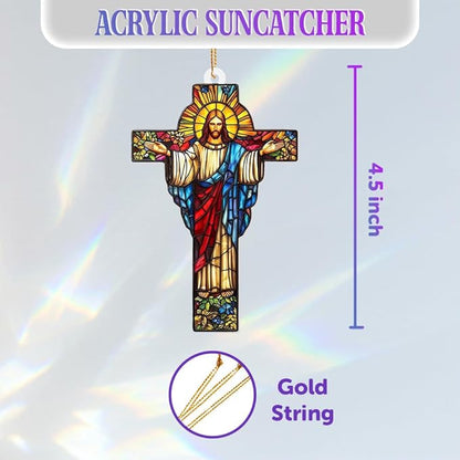 Stained Glass Jesus Cross Car Hanging Ornament – Acrylic Rearview Mirror Charm, Christian Cross Sun Catcher for Car or Home, Inspirational Religious Gift for Men & Women(Sun-29)