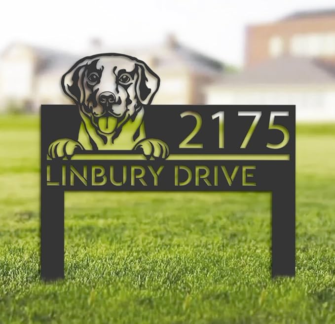Customized Labrador Dog Metal Address Sign House Number Labrador Dog Plaque Outdoor Decor Stake Labrador Dog Sculptures Sign for Park Yard Lawn Courtyard Patio Ranch Farmer Gardening.
