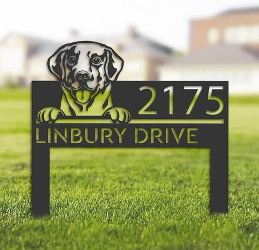 Customized Labrador Dog Metal Address Sign House Number Labrador Dog Plaque Outdoor Decor Stake Labrador Dog Sculptures Sign for Park Yard Lawn Courtyard Patio Ranch Farmer Gardening.