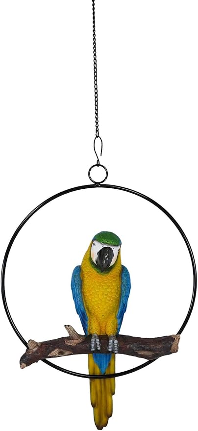 Ebros Patio Home Garden Hanging Scarlet Macaw Parrot Perching on Branch in Metal Round Ring Figurine Sculpture Nature Lovers Tropical Bird Collectors Decor 13.5" H (Blue)