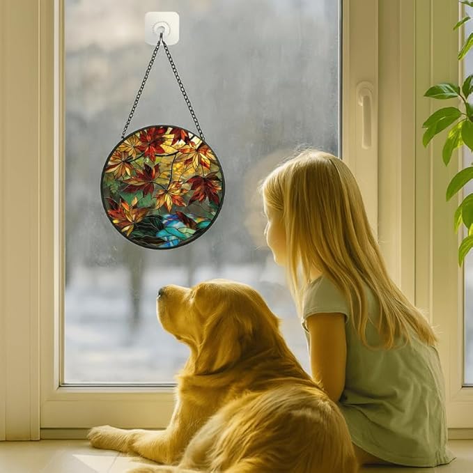 Autumn Leaves Stained Glass Window Hanging Panel – Nature Fall Suncatcher Wall Art for Home Window Decor and Gift