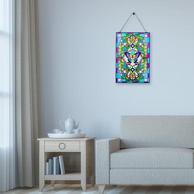 Viveta Butterfly Stained Glass Window Hangings, 10" W x 15" H Suncatcher Panel Windows Wall Decor with Metal Frame & Chain