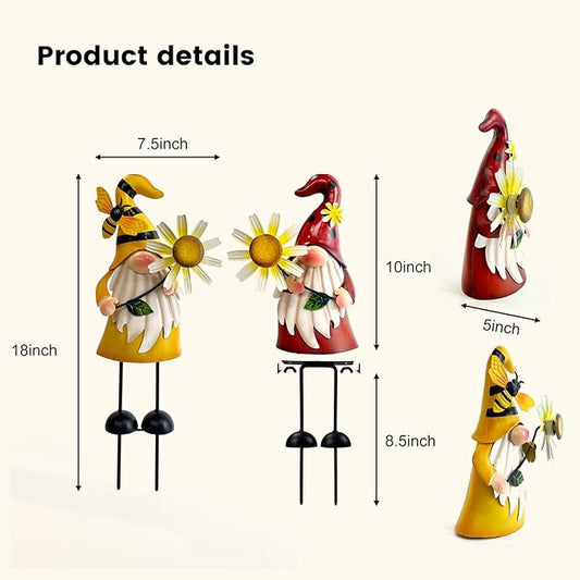 HONGLAND Gnomes Decorations for Yard - Metal Gnome Outdoor Decor Bee Ladybug Garden Statue- Christmas Decoration Thanksgiving Holiday Lawn Patio Yard Stakes (Set of 2)