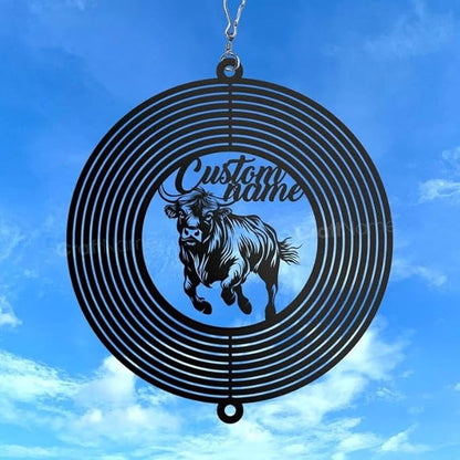 Personalized Highland Cow Metal Wind Spinner, Custom Farmhouse Ornament for Outdoor Display, Kinetic Yard Sculpture, Rustic Gift (Highland Cow Garden Wind Spinner)