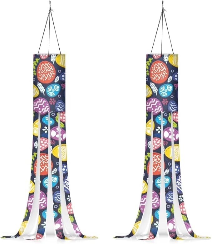 Jeiento Easter Egg Pattern Windsock with Hook 40" Washable Fabric Windsock Flags Banners for Home Yard Pub Trees Hanging Wind Socks,Easter Decorations,2 Piece Set