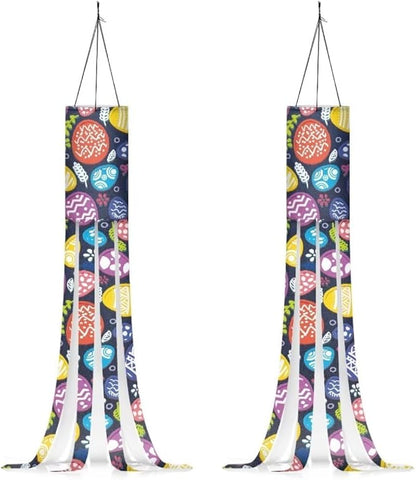 Jeiento Easter Egg Pattern Windsock with Hook 40" Washable Fabric Windsock Flags Banners for Home Yard Pub Trees Hanging Wind Socks,Easter Decorations,2 Piece Set