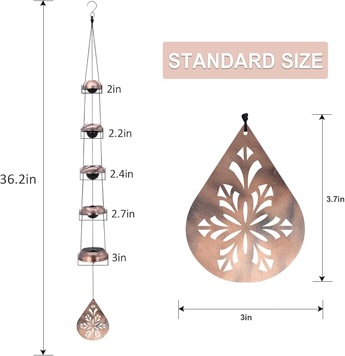 36" Copper Temple Wind Chimes with 5 Bells, Melodious Zen Feng Shui Wind Bells for Outside, Memorial Wind Chime Sympathy Gift with Unique Teardrop Floral Sail, Decorative Garden Decor for Yard Patio