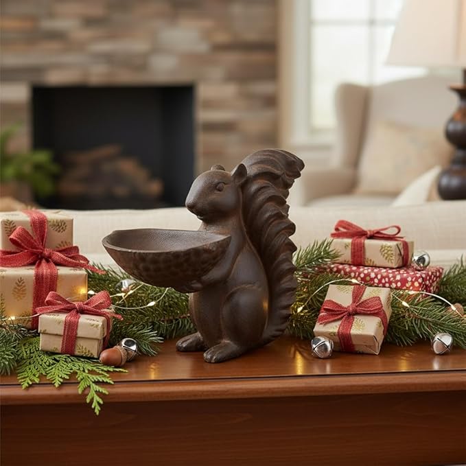 Comfy Hour 10" Squirrel with Acorn Bowl Decorative Figurine, Artisan Crafted Wildlife Statue for Outdoor Garden & Home, Rustic Bronze Style Patio Decor, Polyresin Ornament, 1 Piece