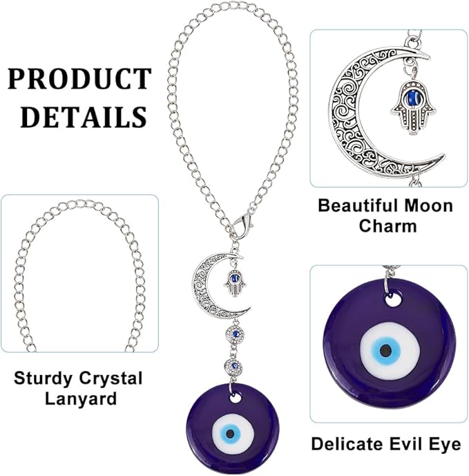 Blue Evil Eye Car Hanging Pendant Ornament Evil Eye Beaded Charms with Moon Car Hanging Ornament Suncatcher Good Luck Gift for Easter Rear View Mirror Window Balcony Keychain Home Decor