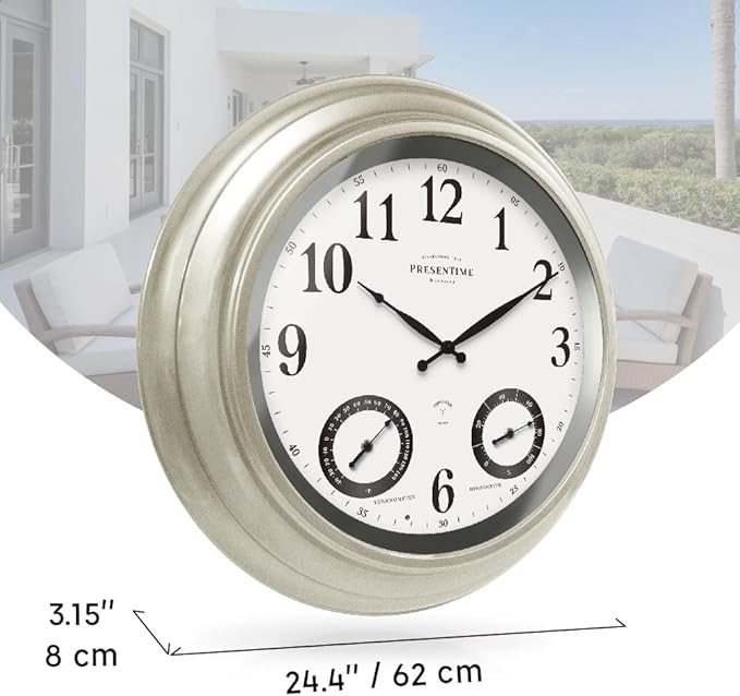 Presentime & Co 24" Jameson Illuminated in/Outdoor Clock, Modern Farmhouse, Self-Illuminated, Waterproof, Weather Station (Thermometer & Hygrometer), Metal Clock, Morning Silver. (Night Light)