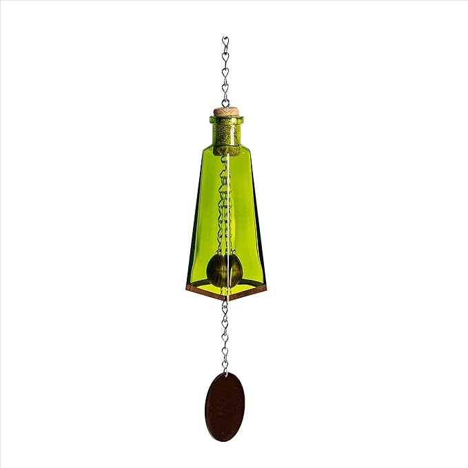 Blue Ridge Mountain Gifts Pyramid Bottle Wind Chime for Garden & Porch Decor w/Cooper Accent, Stained Wooden Ball, & Colorful Glass Bottles - Ideal for Wind Chime Lovers (Lime Green)