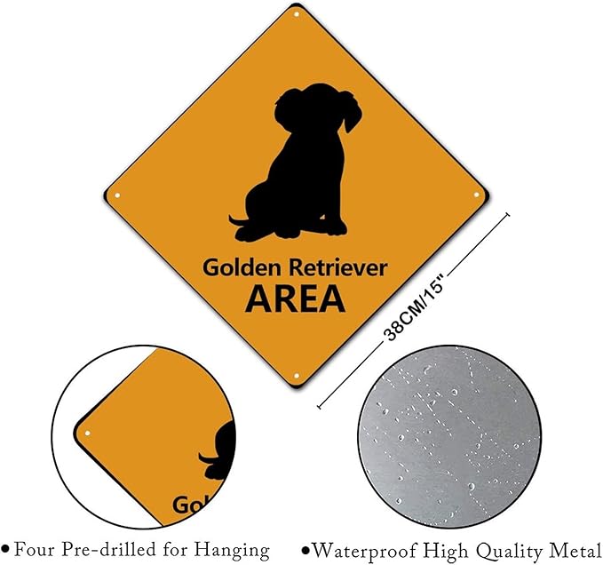 Warning Golden Retriever Area Aluminum Metal Sign Golden Retriever Dog Caution Crossing Xing Street Sign Yellow Diamond Shape Funny Metal Sign For Indoor Outdoor 15x15in