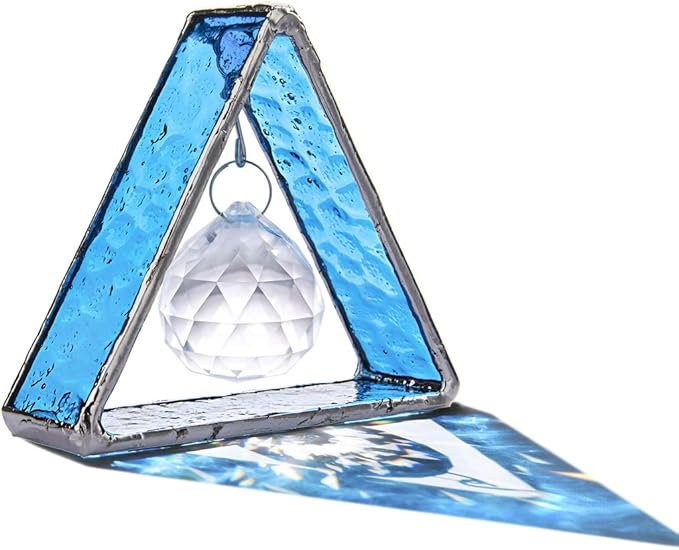 H&D HYALINE & DORA Stained Glass Window Sun Catcher Hangings Pyramid Colored Glass Hanging Ornament for Wall, Window，Car and Party Decoration,Blue