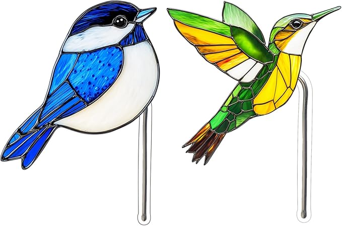 Creative Acrylic Animal Garden Stakes - 2-Pieces Colorful Plant Markers for Indoor & Outdoor Decor, Fun Flower Pot Hangers, and Yard Ornaments (Multicolored Bird)