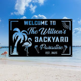 MeMate Flamingo House Signs, Flamingo House Metal Sign, Personalized Name Outdoor Sign, Flamingo House Outdoor Décor for Porch Deck Backyard Patio Pool, Flamingo Metal Sign Housewarming Gift for Family Friend 09