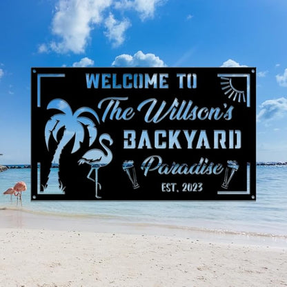 MeMate Flamingo House Signs, Flamingo House Metal Sign, Personalized Name Outdoor Sign, Flamingo House Outdoor Décor for Porch Deck Backyard Patio Pool, Flamingo Metal Sign Housewarming Gift for Family Friend 09
