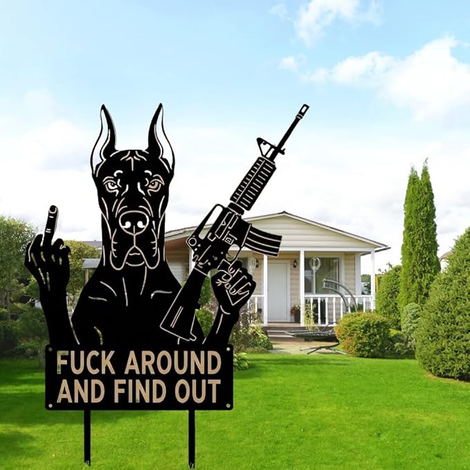 F Around & Find Out Dog Sentry Metal Dogs Silhouette Garden Stake with Middle Finger &Weapon Sign, FAFO Security Sign Middle Finger Dog Statue Decor for Outdoor Yard Patio (Great Dane, 8 * 16")
