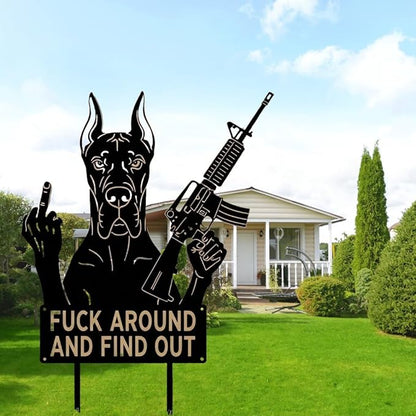 F Around & Find Out Dog Sentry Metal Dogs Silhouette Garden Stake with Middle Finger &Weapon Sign, FAFO Security Sign Middle Finger Dog Statue Decor for Outdoor Yard Patio (Great Dane, 8 * 16")