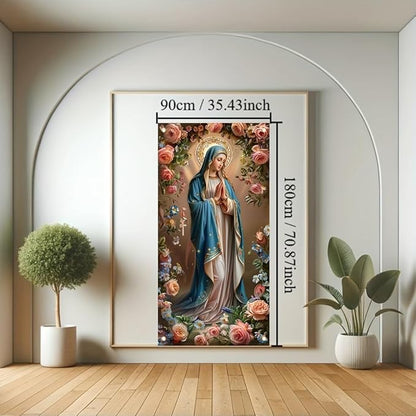 Virgin Mary Door Cover Banner Religious Floral 71x35 Inch Holy Mother Door Sign for Front Door Prayer Room Church Door Cover for Easter Christmas Spiritual Home Decor