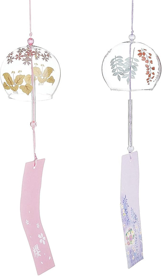 BENECREAT 2PCS Japanese Wind Chimes Pink & Purple Glass Wind Bells Handmade Pendants for Birthday Gift, Home Christmas Party Decorations