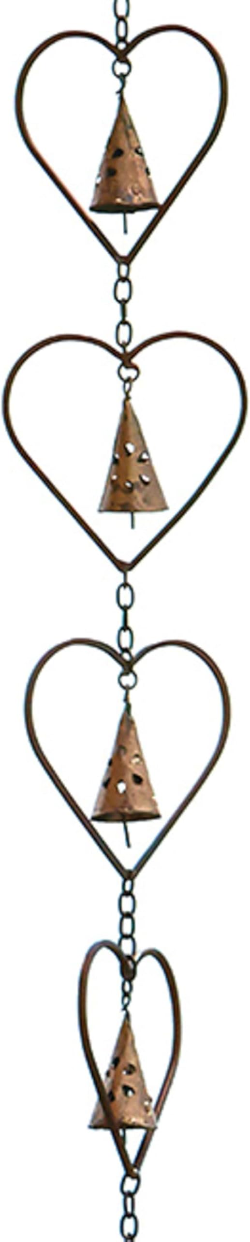 Ancient Graffiti Hearts and Bells Rain Chains, Copper Color, Pack of 2 – Steel Downspout Replacement with Heart Silhouettes & Bells, Decorative Gutter Chains