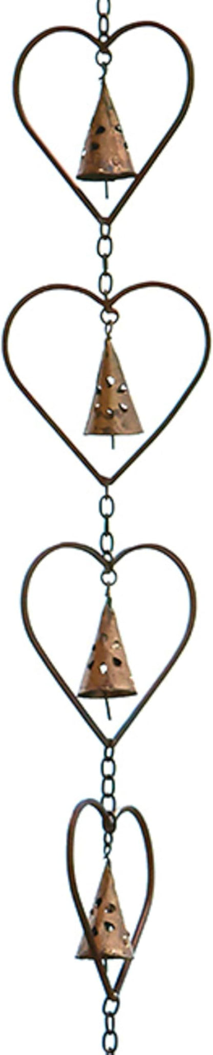 Ancient Graffiti Hearts and Bells Rain Chains, Copper Color, Pack of 2 – Steel Downspout Replacement with Heart Silhouettes & Bells, Decorative Gutter Chains