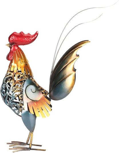 Decorative Iron Rooster Sculpture, Carved Metal Rooster Statue for Garden, Deck, Home, & Friendly, Hollow Design & Detachable Tail, Versatile Indoor Outdoor Decoration,