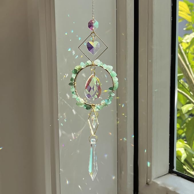 Crystal Suncatchers Window Hanging Wind Chime Natural Fluorite Amethyst Pendant Ornament,for Home, Garden Tree Plants, and Meditation Decor (Green)