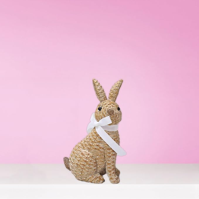 Rattan Rabbit Woven Rabbit Bow Resin Ornaments for Home Courtyard Lawn Tabletop and Easter Decoration to Enhance The Easter Atmosphere Preferred Easter Gifts (8.1in Brown Seat)