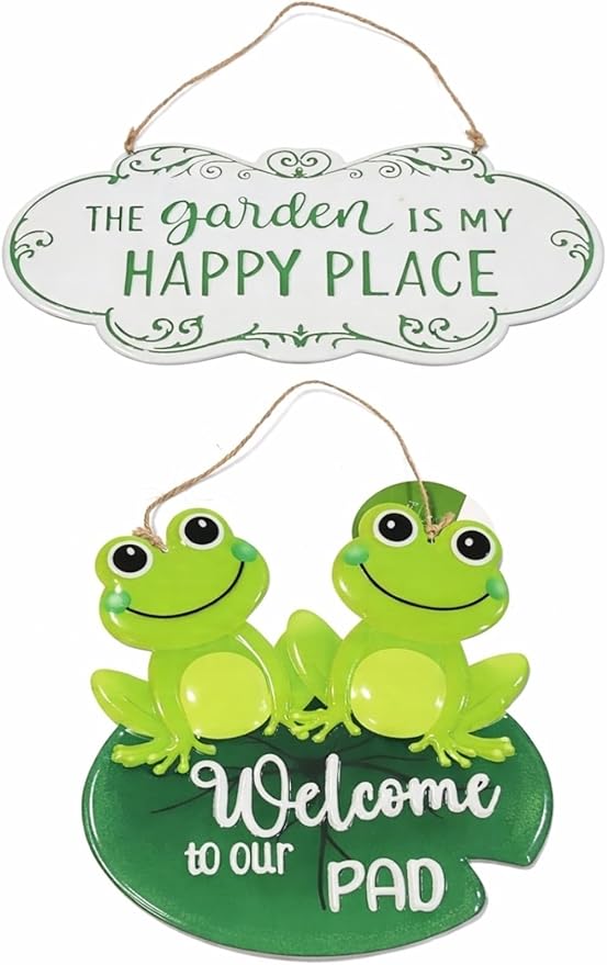Metal Outdoor Garden Signs, "Welcome to Our Pad", Frog Pals, and "The Garden Is My Happy Place", 2 Piece Set, Green and White, Decorative Hanging Wall Decor