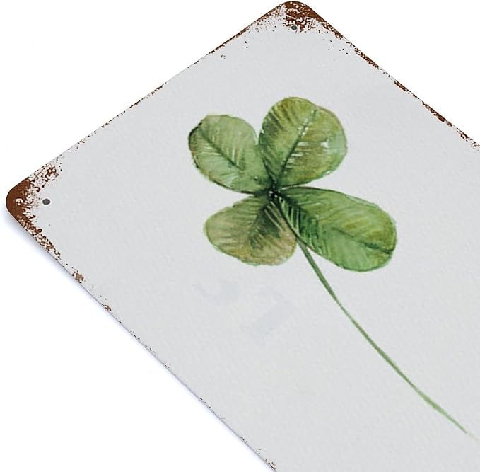 Antique Metal Tin Sign Four Leaf Clover Art Decor Good Luck Charm Decor Green Nature Wildlife Watercolor Aluminum Metal Sign Meadow Flower Modern Floral Garden Home Decor 8x5.5 Inch