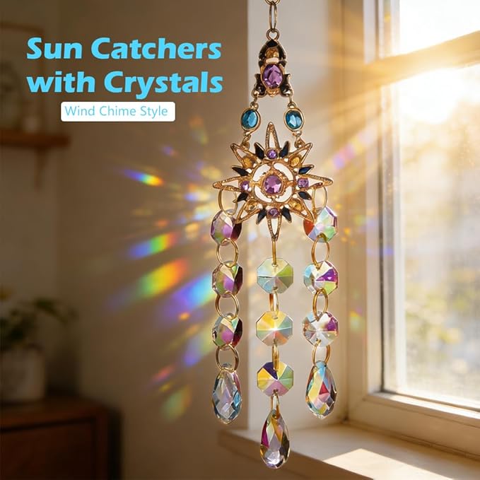 Crystal Suncatcher, Sun Catcher Crystals for Window Hanging, Crystal Wind Chimes Outdoor Indoor Decoration, Hanging Crystals Prism Suncatcher for Garden Decor Wedding Party (Sun)