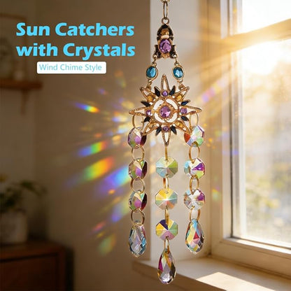 Crystal Suncatcher, Sun Catcher Crystals for Window Hanging, Crystal Wind Chimes Outdoor Indoor Decoration, Hanging Crystals Prism Suncatcher for Garden Decor Wedding Party (Sun)