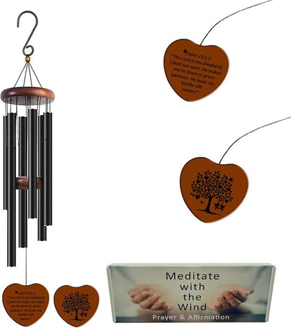 Healing Wind Chimes for Garden, 6 Tubes, Large Outdoor Chime with Psalm 23 Scripture Plaque, Black Metal and Wood